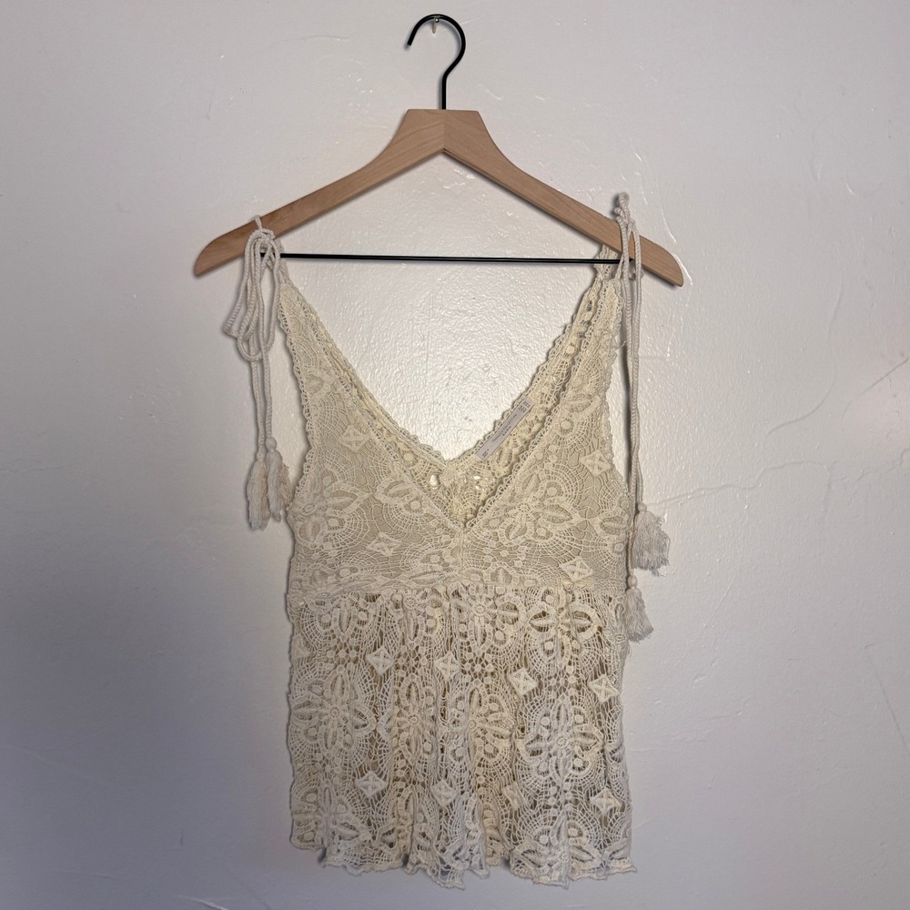 Zara Trafaluc Crochet Lace Cami Cream Tie Shoulder Tassel Boho XS